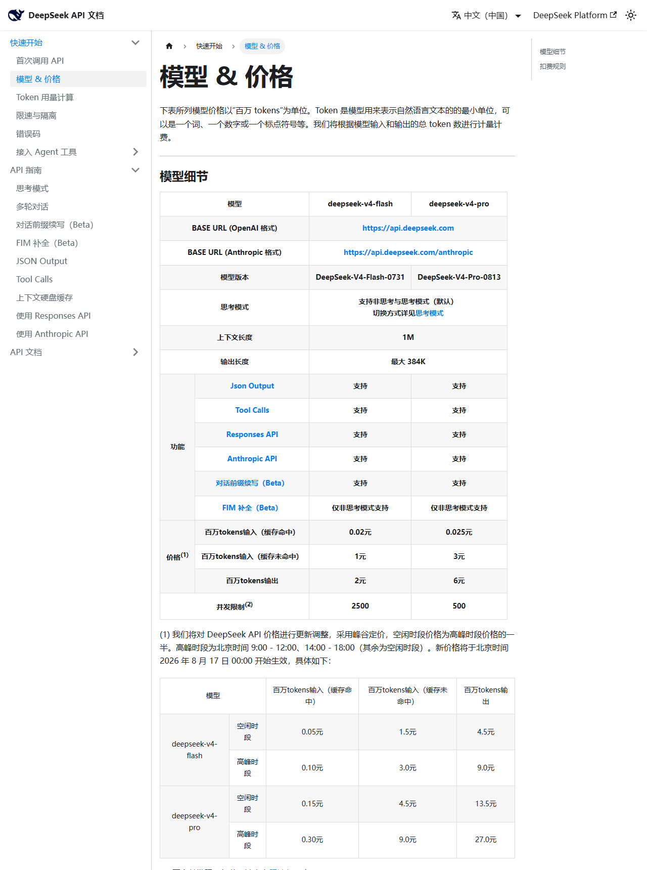 DeepSeek API 峰谷价格表